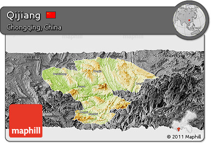 Physical Panoramic Map of Qijiang, darken, desaturated