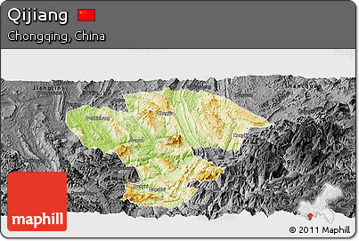 Physical Panoramic Map of Qijiang, darken, desaturated