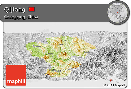 Physical Panoramic Map of Qijiang, lighten, desaturated