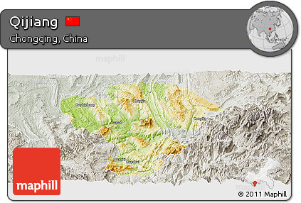 Physical Panoramic Map of Qijiang, lighten, semi-desaturated