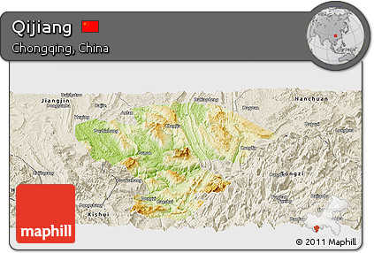 Physical Panoramic Map of Qijiang, shaded relief outside