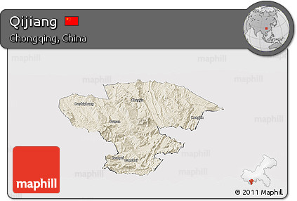 Shaded Relief Panoramic Map of Qijiang, cropped outside