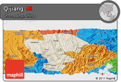 Shaded Relief Panoramic Map of Qijiang, political outside