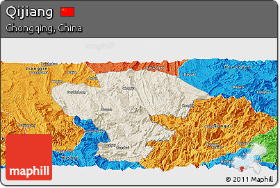 Shaded Relief Panoramic Map of Qijiang, political outside