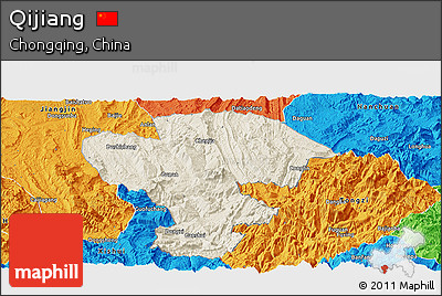 Shaded Relief Panoramic Map of Qijiang, political outside