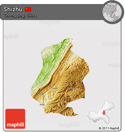 Physical 3D Map of Shizhu, cropped outside