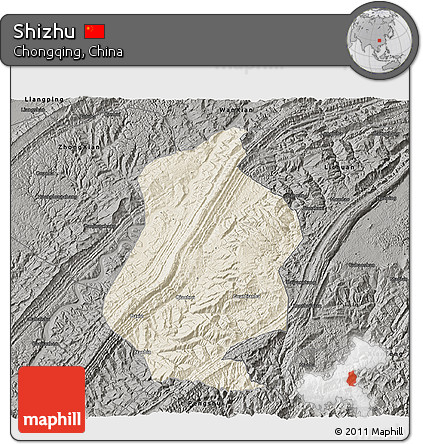 Shaded Relief 3D Map of Shizhu, darken, semi-desaturated