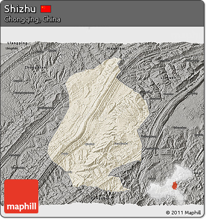 Shaded Relief 3D Map of Shizhu, darken, semi-desaturated