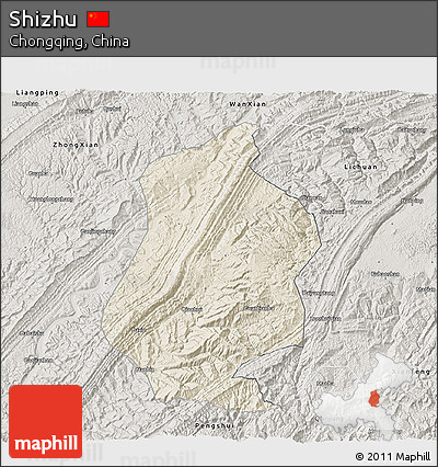 Shaded Relief 3D Map of Shizhu, semi-desaturated