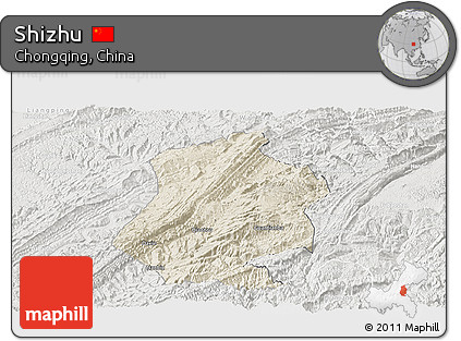 Shaded Relief Panoramic Map of Shizhu, lighten, semi-desaturated