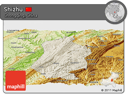 Shaded Relief Panoramic Map of Shizhu, physical outside
