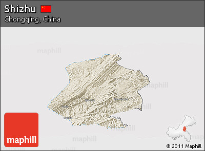 Shaded Relief Panoramic Map of Shizhu, single color outside