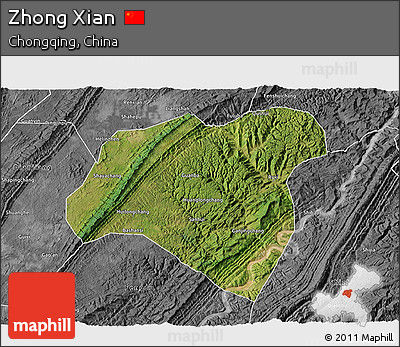 Satellite 3D Map of Zhong Xian, desaturated