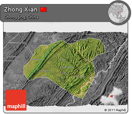 Satellite 3D Map of Zhong Xian, desaturated