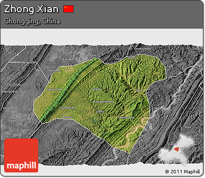 Satellite 3D Map of Zhong Xian, desaturated