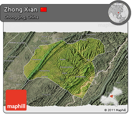 Satellite 3D Map of Zhong Xian, semi-desaturated