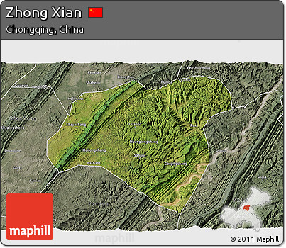 Satellite 3D Map of Zhong Xian, semi-desaturated