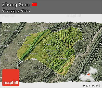 Satellite 3D Map of Zhong Xian, semi-desaturated