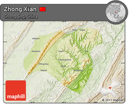Physical Map of Zhong Xian, lighten