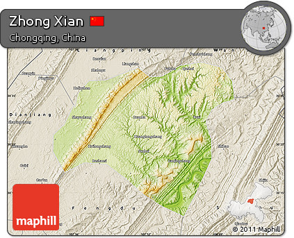 Physical Map of Zhong Xian, shaded relief outside