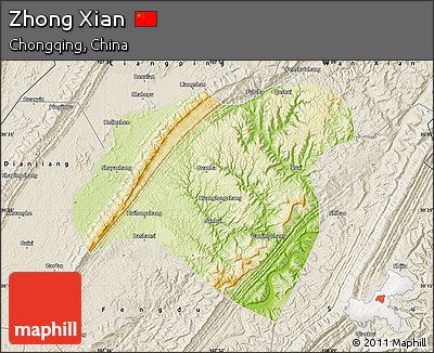 Physical Map of Zhong Xian, shaded relief outside