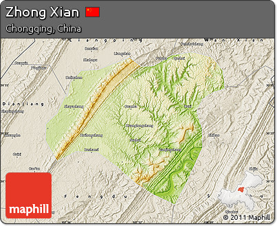 Physical Map of Zhong Xian, shaded relief outside