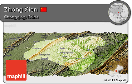 Physical Panoramic Map of Zhong Xian, darken