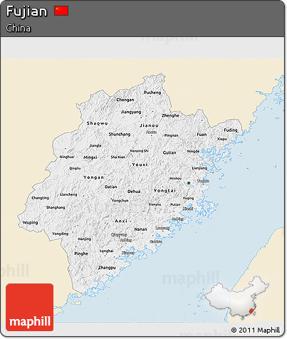 Classic Style 3D Map of Fujian, single color outside