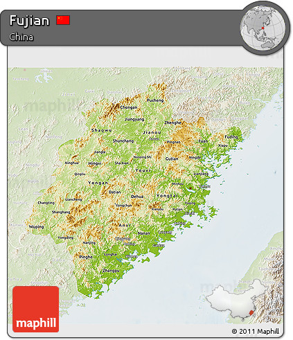 Physical 3D Map of Fujian, lighten