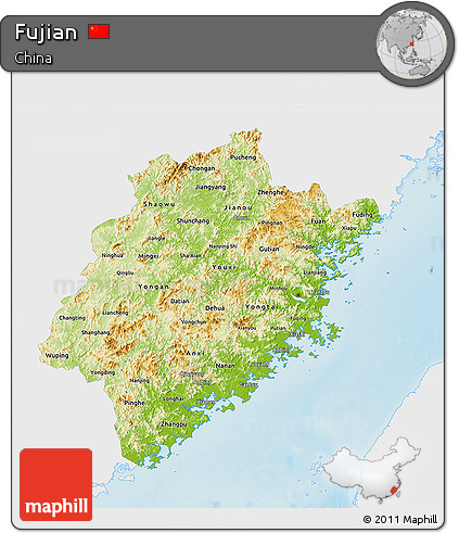 Physical 3D Map of Fujian, single color outside