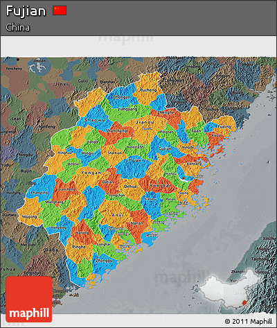 Political 3D Map of Fujian, darken, semi-desaturated