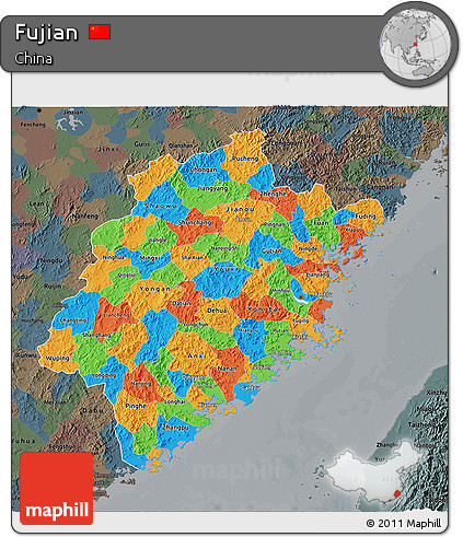 Political 3D Map of Fujian, darken, semi-desaturated
