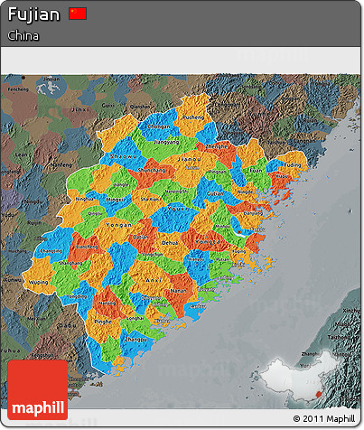 Political 3D Map of Fujian, darken, semi-desaturated