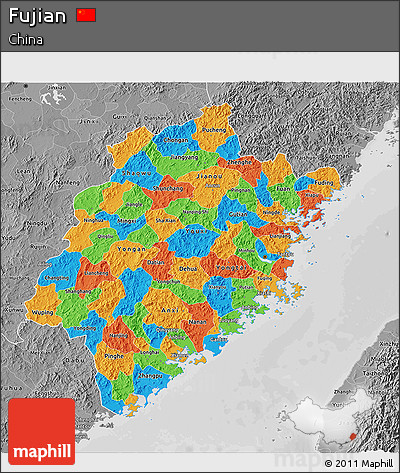 Political 3D Map of Fujian, desaturated