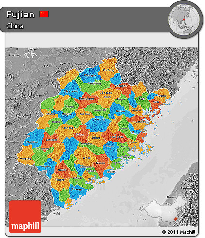 Political 3D Map of Fujian, desaturated
