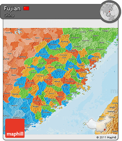 Political 3D Map of Fujian, political shades outside