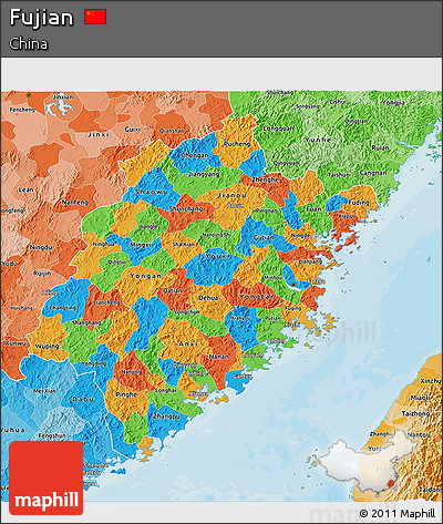 Political 3D Map of Fujian, political shades outside