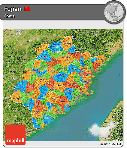 Political 3D Map of Fujian, satellite outside