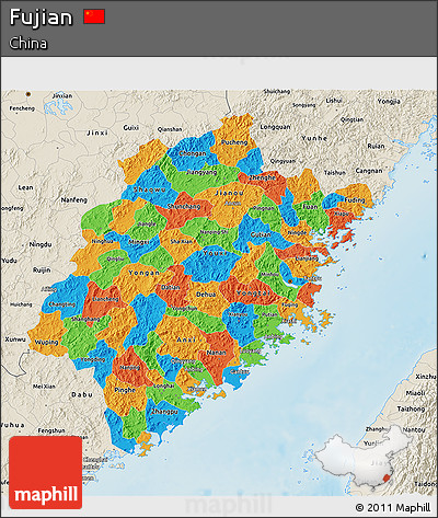 Political 3D Map of Fujian, shaded relief outside