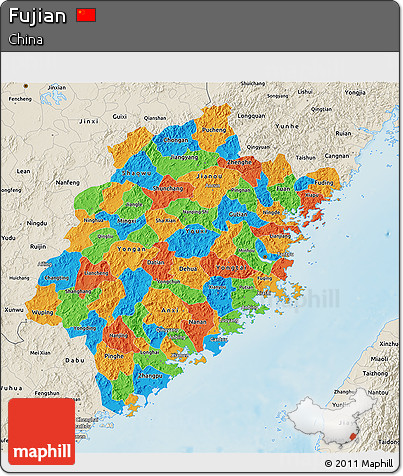 Political 3D Map of Fujian, shaded relief outside