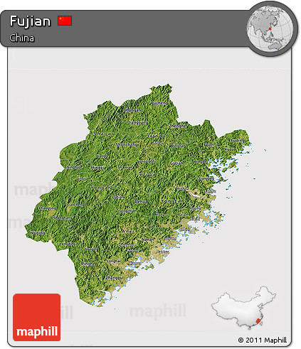 Satellite 3D Map of Fujian, cropped outside