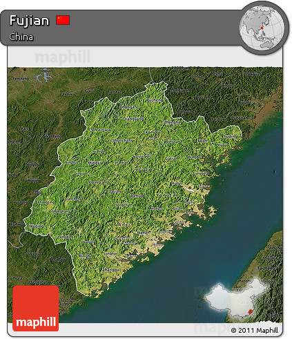 Satellite 3D Map of Fujian, darken
