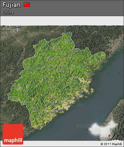 Satellite 3D Map of Fujian, darken, semi-desaturated