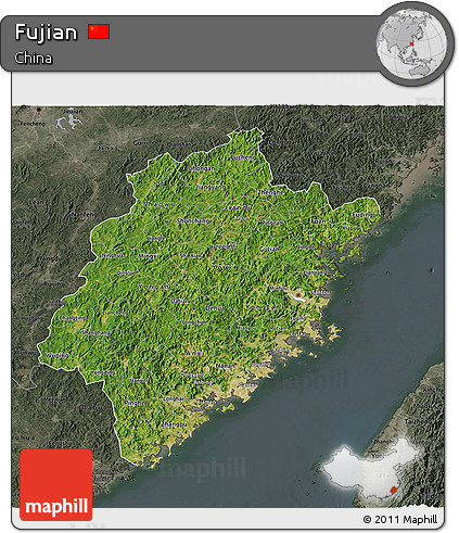 Satellite 3D Map of Fujian, darken, semi-desaturated