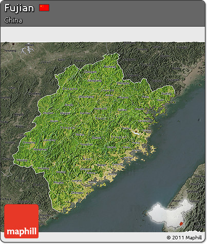 Satellite 3D Map of Fujian, darken, semi-desaturated