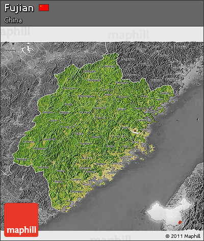 Satellite 3D Map of Fujian, desaturated