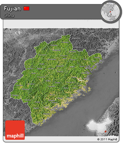 Satellite 3D Map of Fujian, desaturated
