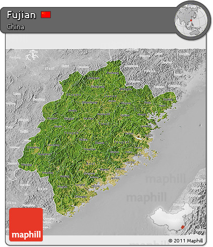 Satellite 3D Map of Fujian, lighten, desaturated
