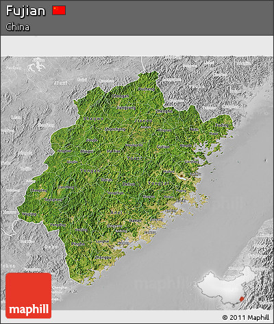 Satellite 3D Map of Fujian, lighten, desaturated