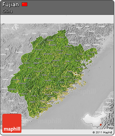 Satellite 3D Map of Fujian, lighten, desaturated